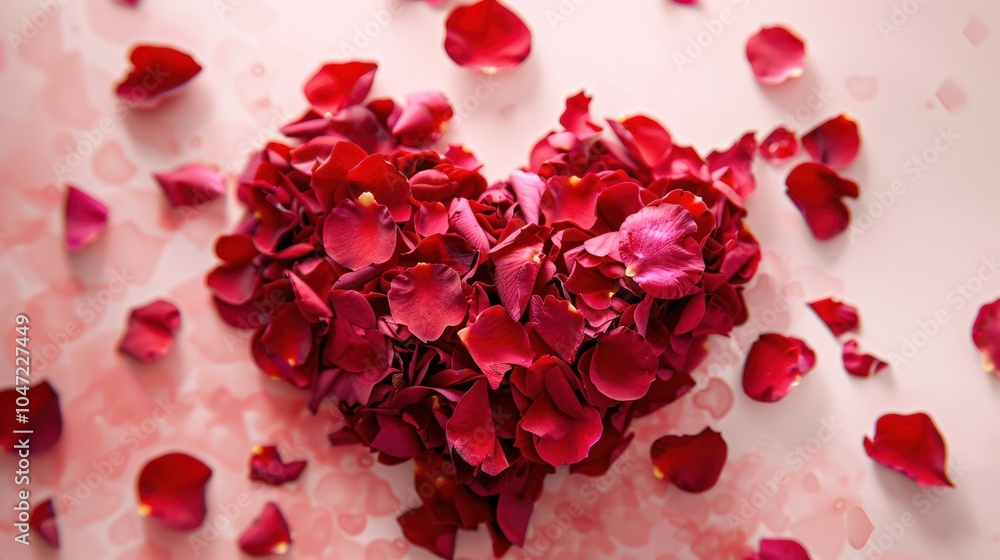 A Heart Shaped Arrangement of Red Rose Petals on a Pink Background A Heart Shaped Arrangement of Red Rose Petals on a Pink Background