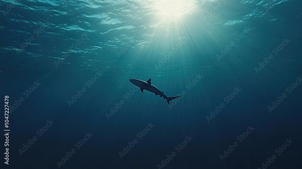 A solitary blue shark swimming effortlessly in the open ocean A solitary blue shark swimming effortlessly in the open ocean