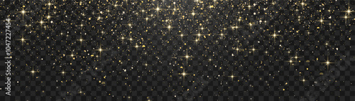 Vector gold glitter particles with texture. Shimmering gold particles with a shine effect on a transparent background. Amber-colored stardust particles on a png background. Golden burst of confetti