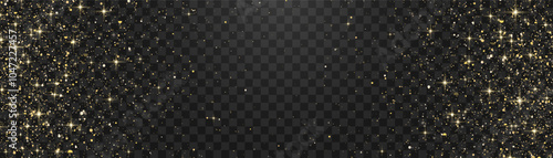 Vector gold glitter particles with texture. Shimmering gold particles with a shine effect on a transparent background. Amber-colored stardust particles on a png background. Golden burst of confetti