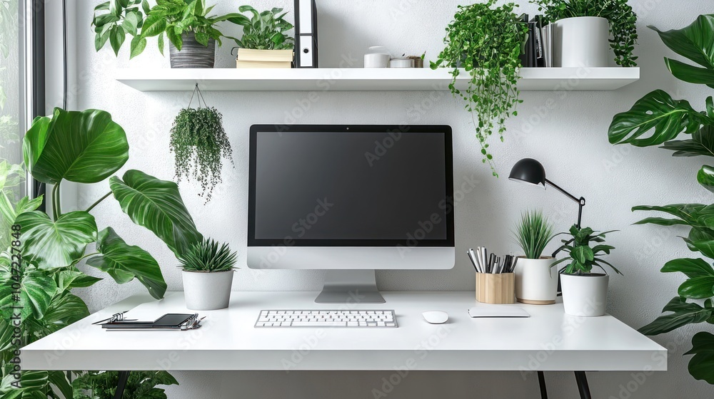 A modern workspace featuring a computer, plants, and minimalistic decor. A modern workspace featuring a computer, plants, and minimalistic decor.
