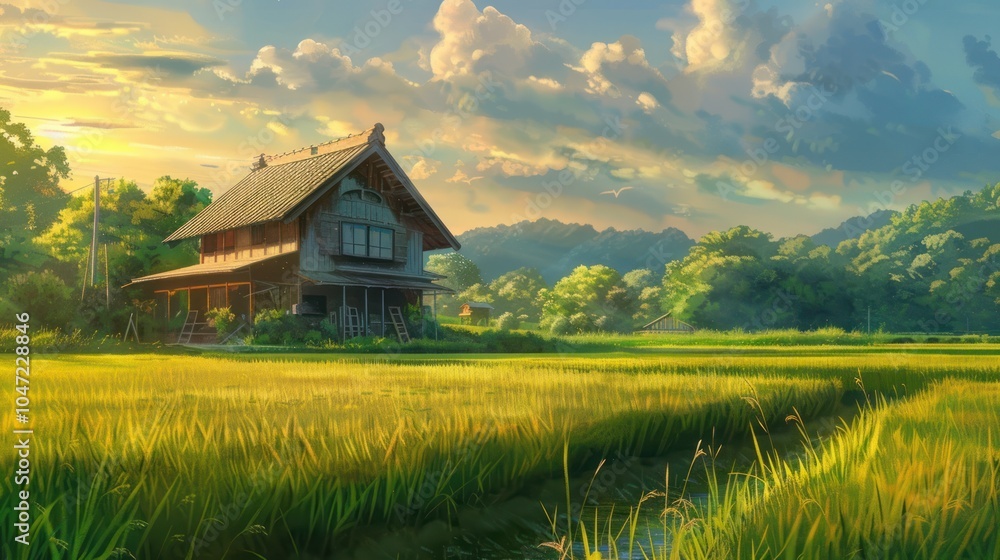 Traditional Japanese House with a Rice Paddy Field Traditional Japanese House with a Rice Paddy Field
