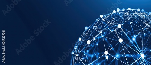 Abstract network globe with connected nodes on blue background, symbolizing digital communication and technology.