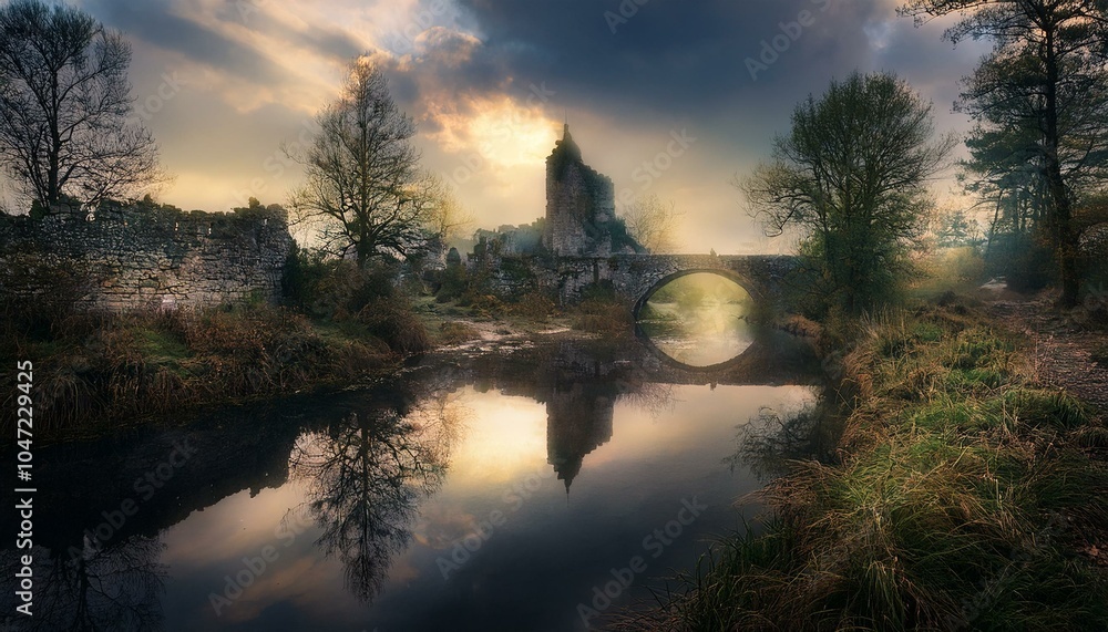 Castillo medieval en ruinas en un dia nublado, junto a un rio y un puente Castillo medieval en ruinas en un dia nublado, junto a un rio y un puente