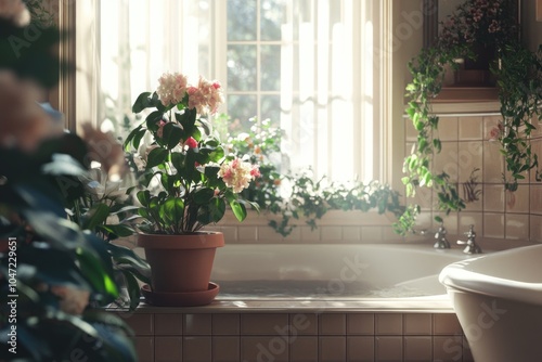 A potted plant sits next to a window in a bathtub, unusual setting photo