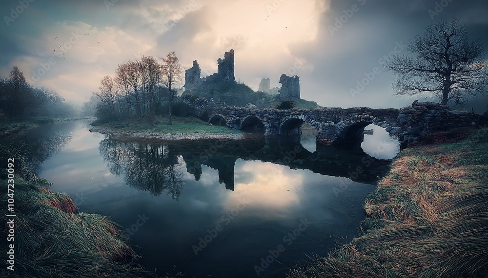 Castillo medieval en ruinas en un dia nublado, junto a un rio y un puente Castillo medieval en ruinas en un dia nublado, junto a un rio y un puente