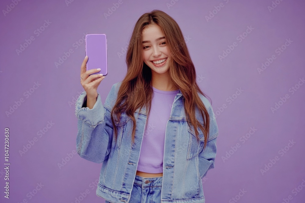 Young woman holding a purple cell phone, possibly taking a selfie or checking her phone Young woman holding a purple cell phone, possibly taking a selfie or checking her phone