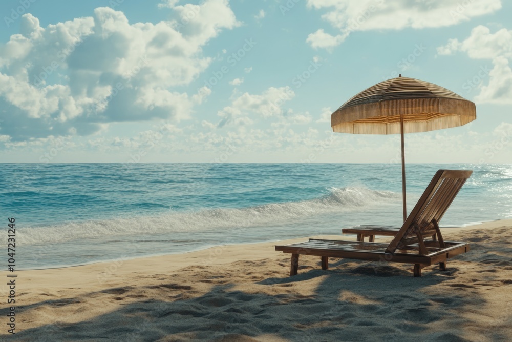 Two lounge chairs and an umbrella on a sunny day at the beach Two lounge chairs and an umbrella on a sunny day at the beach