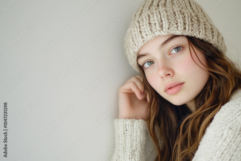 A woman wearing a hat and sweater leans against a wall, possibly waiting or thinking A woman wearing a hat and sweater leans against a wall, possibly waiting or thinking