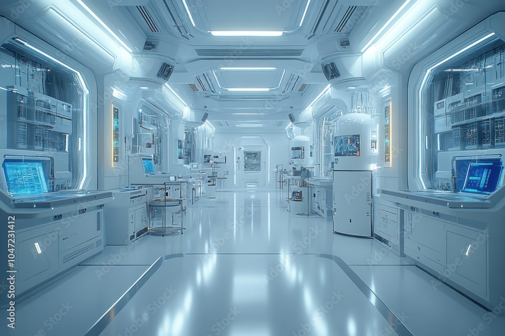 A futuristic laboratory with advanced technology and bright lighting. A futuristic laboratory with advanced technology and bright lighting.
