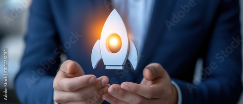 Businessman presenting a digital rocket icon, symbolizing innovation and growth, studio lighting. photo