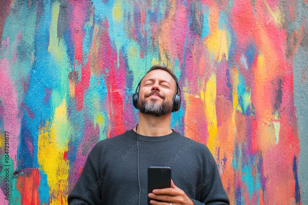 Fototapeta premium A person enjoying music through headphones, perfect for illustration on music streaming platforms or social media posts