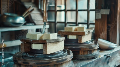 Tofu Blocks Being Pressed in Wooden Barrels photo