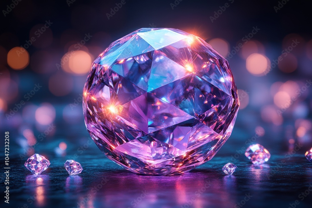 A sparkling purple crystal sphere surrounded by smaller gems, reflecting light beautifully. A sparkling purple crystal sphere surrounded by smaller gems, reflecting light beautifully.