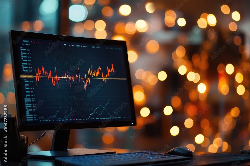 3D Render of Financial Stock Market Graph with Trading Data on Computer Screen in Office at Night 3D Render of Financial Stock Market Graph with Trading Data on Computer Screen in Office at Night