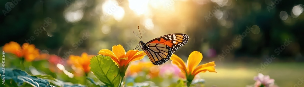 Fototapeta premium Colorful butterfly perched on vibrant flowers in a sunlit garden, showcasing nature's beauty and serenity.