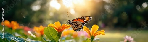 Colorful butterfly perched on vibrant flowers in a sunlit garden, showcasing nature's beauty and serenity.