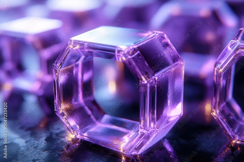 A close-up of translucent purple geometric shapes with a glossy finish. A close-up of translucent purple geometric shapes with a glossy finish.