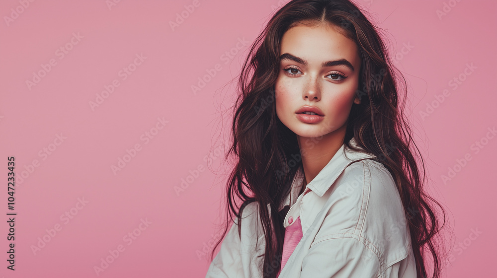 Beautiful Woman in Casual Outfit Posing on Pink Background Beautiful Woman in Casual Outfit Posing on Pink Background