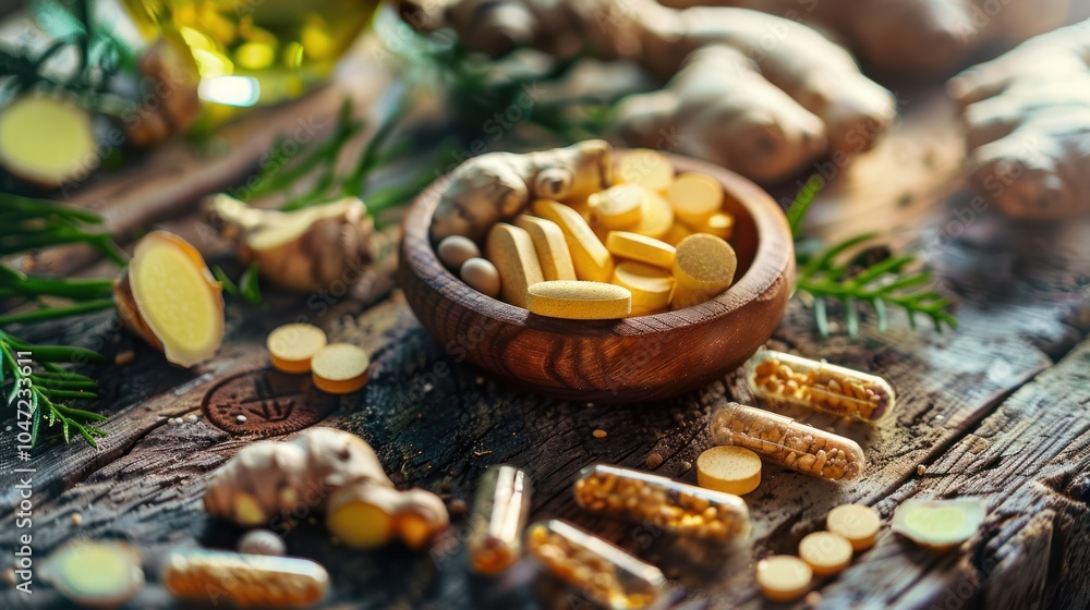 Ginger Root, Pills, and Herbal Supplements on Rustic Wooden Surface Ginger Root, Pills, and Herbal Supplements on Rustic Wooden Surface