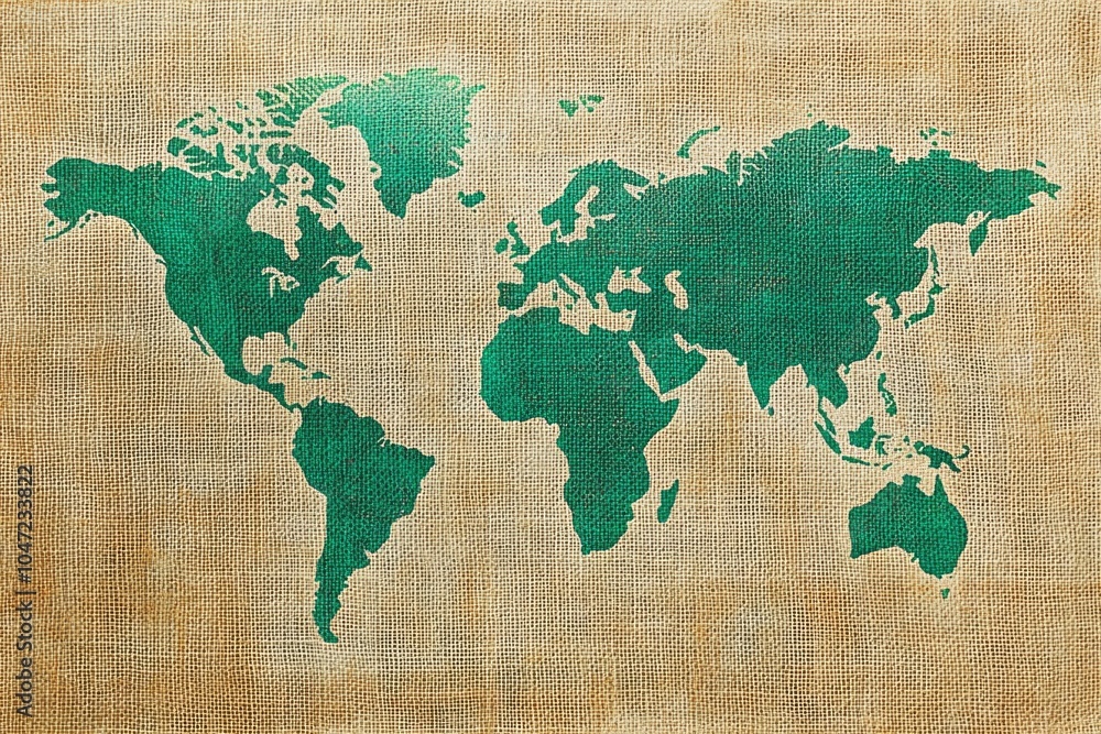 Fototapeta premium A large-scale map of the world printed on a vintage-style burlap canvas