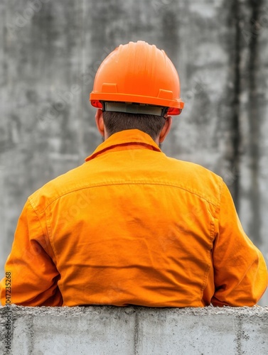 Construction worker in orange uniform and helmet, back view against a concrete wall.