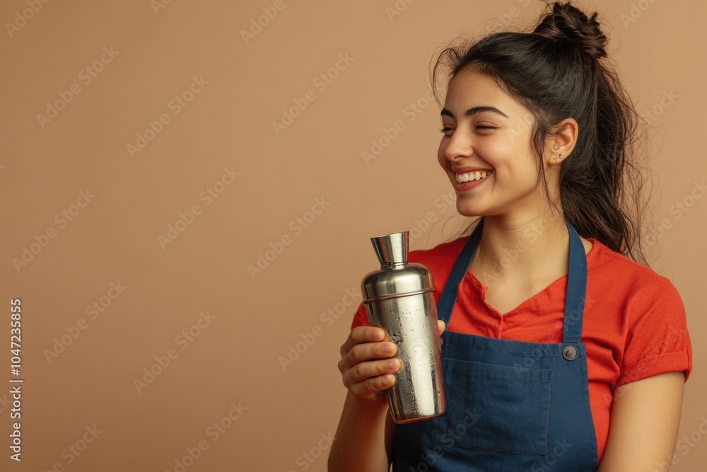 A woman wearing an apron holds a cocktail shaker, ready to mix drinks A woman wearing an apron holds a cocktail shaker, ready to mix drinks