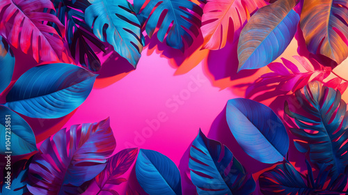 Vibrant Tropical Leaves on Pink Background - Summer Design