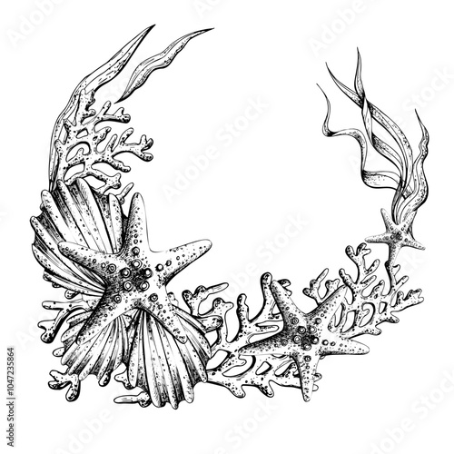 Corals, seaweed, shells, corals and starfish. Hand drawn graphic illustration in black and white color line art. Frame wreath template on a sea theme