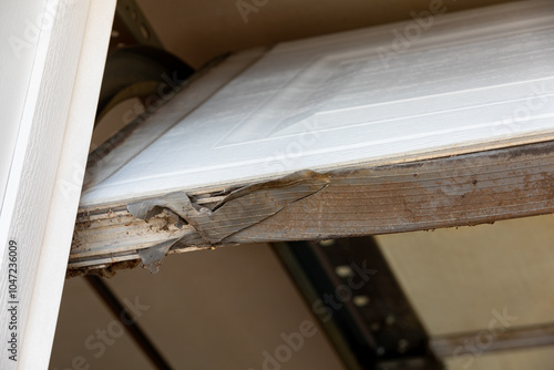 Overhead garage door weather stripping seal torn and broken. Home weatherproofing, repair and rodent prevention concept.