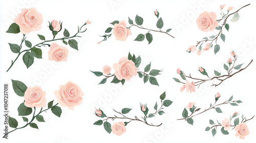 Delicate Pink Roses: Floral Illustration with Branches and Buds