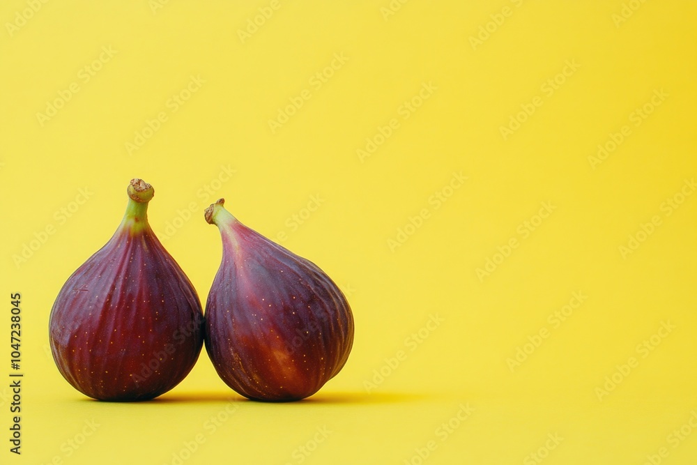 Obraz premium A pair of ripe figs sit together on a bright yellow background