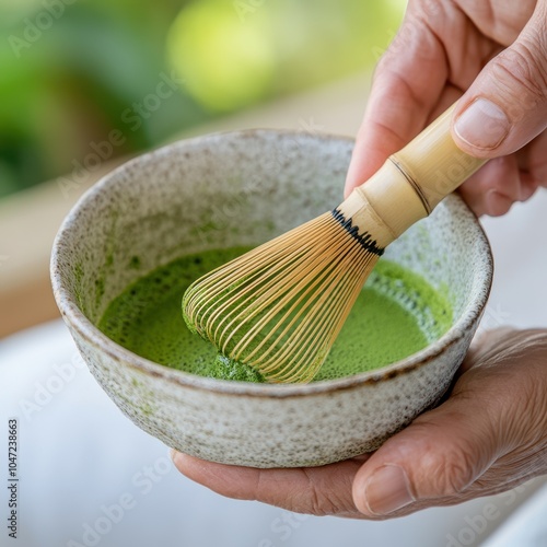 Matcha Green Tea Whisking Close Up Shot