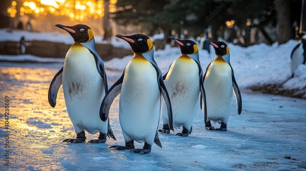 Fototapeta premium Penguins Waddling on Ice at the Zoo