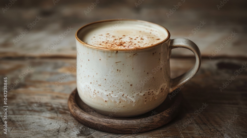 A Mug of Creamy Coffee with Cinnamon on a Wooden Tabletop A Mug of Creamy Coffee with Cinnamon on a Wooden Tabletop