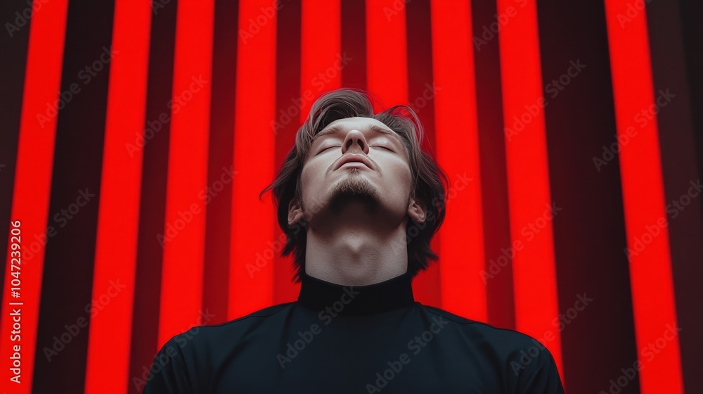 Man with Closed Eyes Against Red Vertical Stripes Background Man with Closed Eyes Against Red Vertical Stripes Background
