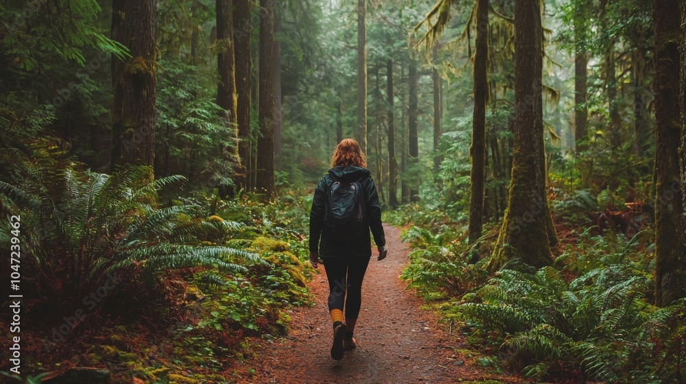 Obraz premium A person walking through a forest, appreciating nature,