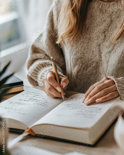 A person writing in a cognitive therapy workbook, photo