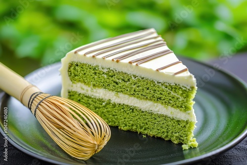 Delicious slice of green tea cake with cream and chocolate stripes, presented on a black plate.