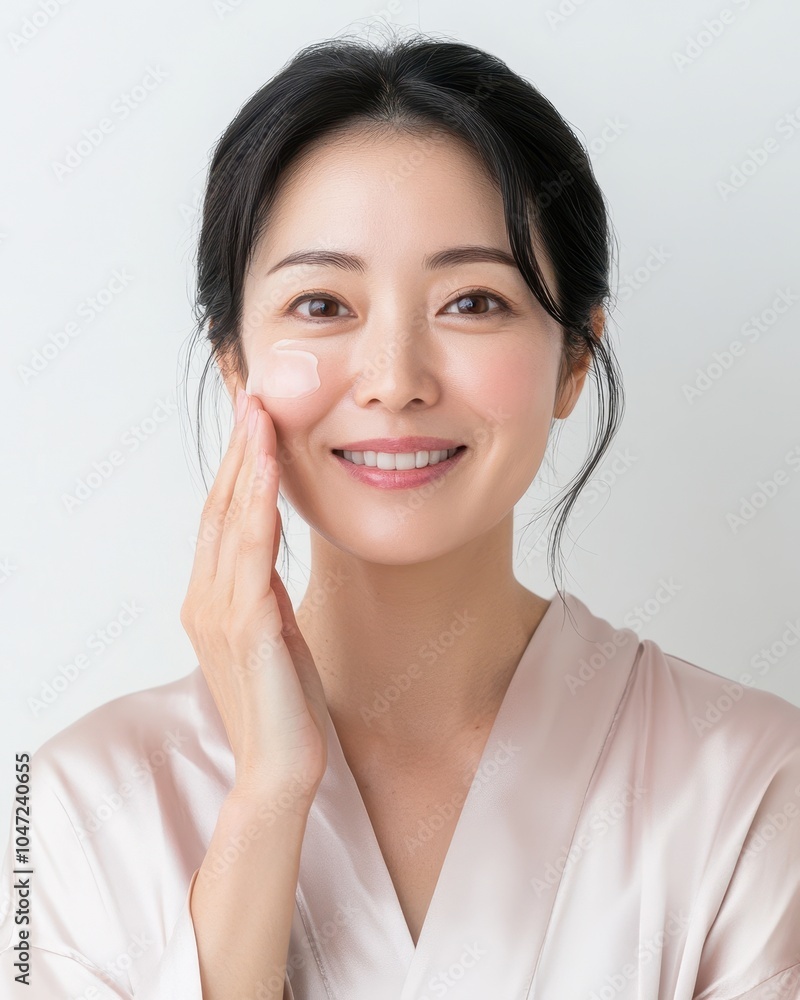 Beautiful Japanese Woman Applying Skincare Cream Beautiful Japanese Woman Applying Skincare Cream