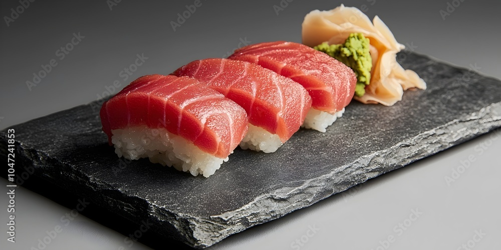 A beautifully arranged plate of sushi featuring fresh tuna slices over vinegared rice, accompanied by wasabi and pickled ginger on a dark stone surface. A beautifully arranged plate of sushi featuring fresh tuna slices over vinegared rice, accompanied by wasabi and pickled ginger on a dark stone surface.