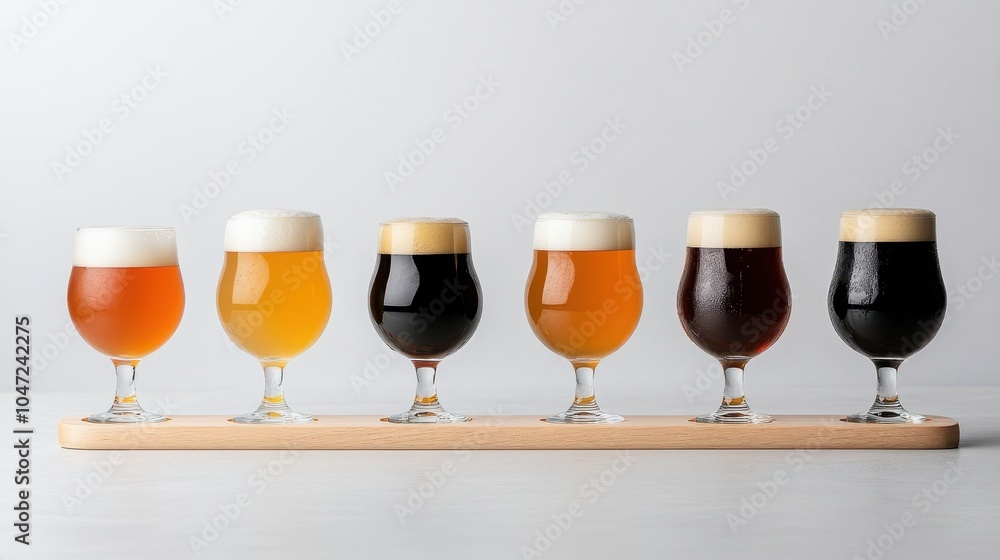 Beer Flight on Wooden Board with Various Brews Beer Flight on Wooden Board with Various Brews