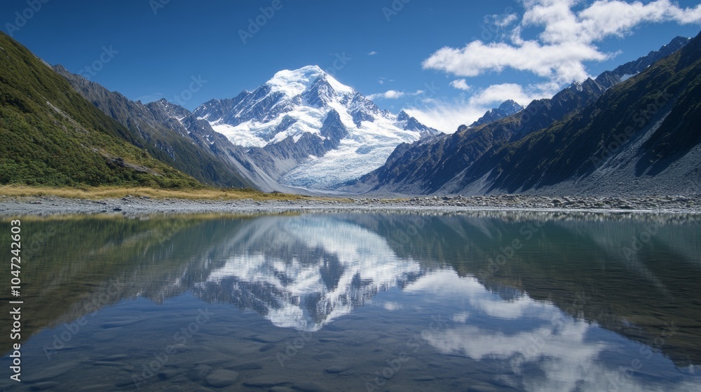 large lake with crystal clear water surrounded by large mountains with snow large lake with crystal clear water surrounded by large mountains with snow