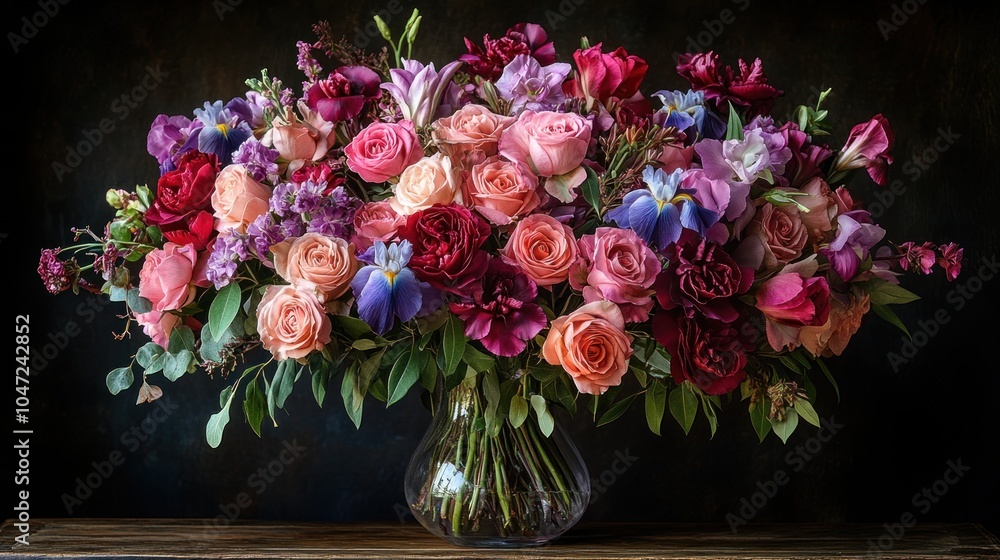 A vibrant bouquet of assorted flowers in a glass vase against a dark background. A vibrant bouquet of assorted flowers in a glass vase against a dark background.