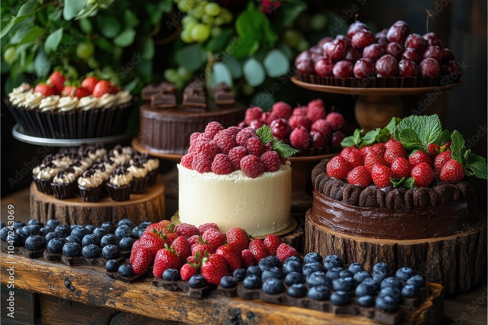 A vibrant display of assorted cakes and fruits, showcasing a festive dessert arrangement. A vibrant display of assorted cakes and fruits, showcasing a festive dessert arrangement.