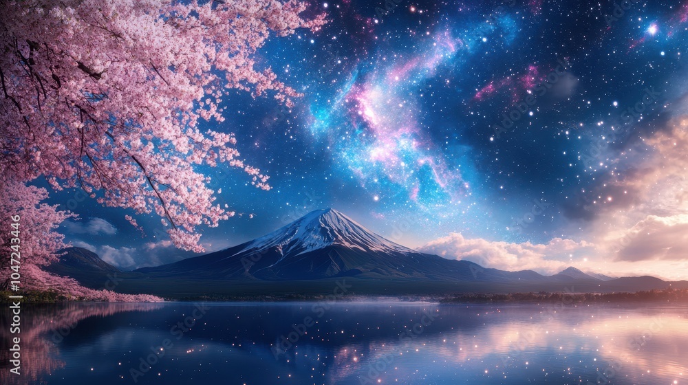 Fototapeta premium Surreal Japanese Landscape with Mount Fuji Reflection