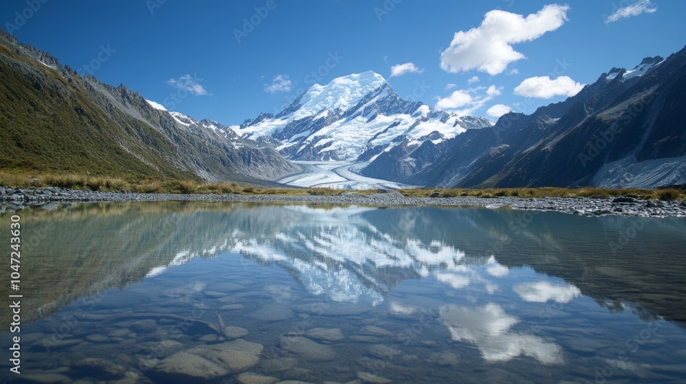 large lake with crystal clear water surrounded by large mountains with snow large lake with crystal clear water surrounded by large mountains with snow
