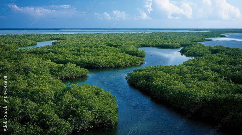 Aerial view of a dense mangrove forest, waterways weaving through lush green growth. Aerial view of a dense mangrove forest, waterways weaving through lush green growth.