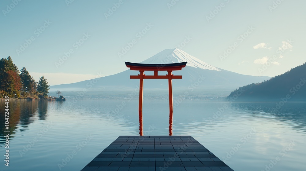 Scenic view of a traditional torii gate by a peaceful lake with Mount Fuji in the background on a clear day. Scenic view of a traditional torii gate by a peaceful lake with Mount Fuji in the background on a clear day.