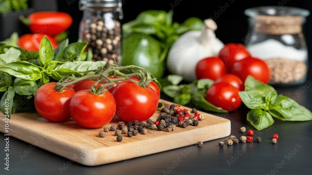Fresh Tomatoes Basil and Peppercorns on Wooden Cutting Board Culinary Ingredients Fresh Tomatoes Basil and Peppercorns on Wooden Cutting Board Culinary Ingredients